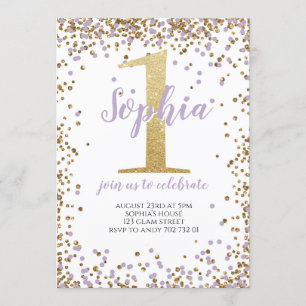 Paarse lavender Confetti Girl First Birthday Gold Kaart