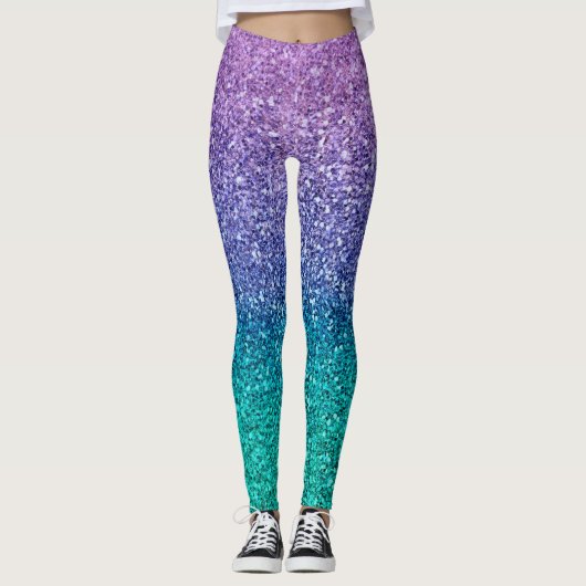 Paarse lavender en Blauwgroen Aqua Green Sparkly G Leggings (Voorkant)