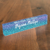 Paarse lavender en Blauwgroen Aqua Green Sparkly G Naambordje (Zijkant)