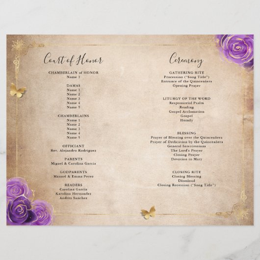 Paarse lavender en Gold Rozen Quinceanera-programm (Achterkant)