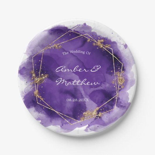 Paarse lavender en Gold Waterverf Wedding Papieren Bordje (Voorkant)