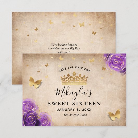 Paarse lavender en gouden Rozen Elegant Save The Date (Voorkant / Achterkant)