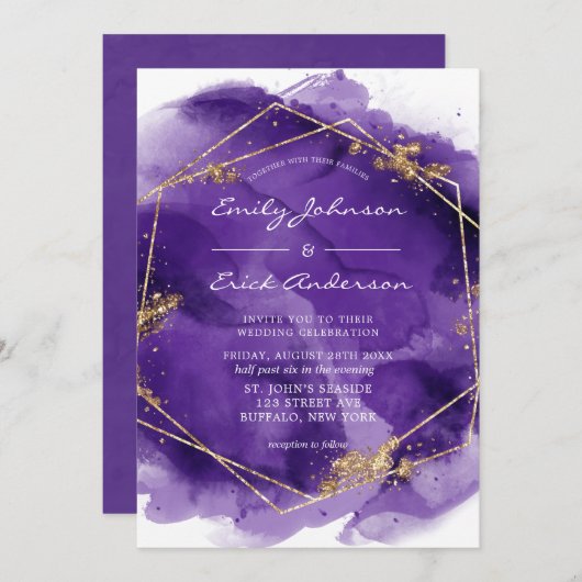 Paarse lavender en goudverf Geometric Wedding Kaart (Voorkant / Achterkant)