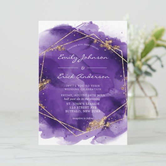 Paarse lavender en goudverf Geometric Wedding Kaart (Staand voorkant)