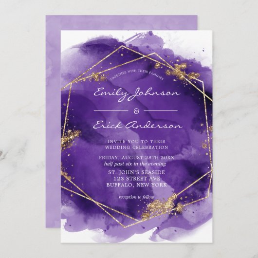 Paarse lavender en goudverf Geometric Wedding Kaart (Voorkant / Achterkant)