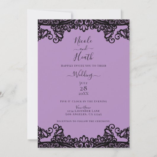 Paarse lavender en zwarte kant Elegant Wedding Kaart (Voorkant)