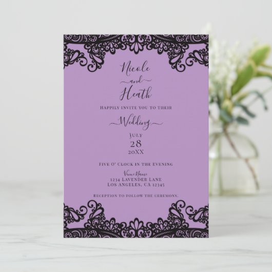Paarse lavender en zwarte kant Elegant Wedding Kaart (Staand voorkant)