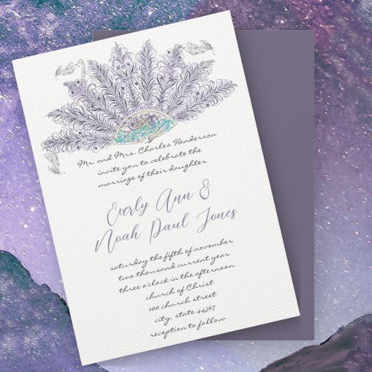 Paarse lavender feether Fan Wedding Kaart