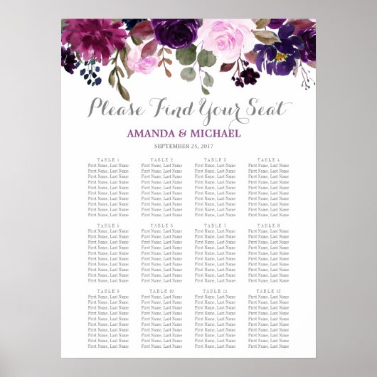 Paarse lavender Floral Boho Wedding Seating Chart Poster (Voorkant)