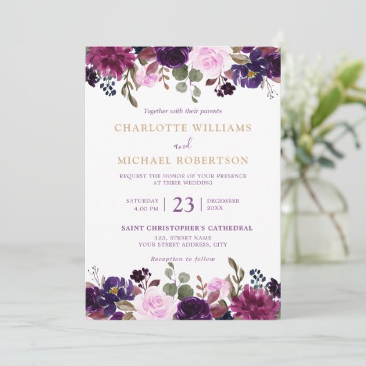 Paarse Lavender Floral Boho Wedding Uitnodiging (Staand voorkant)