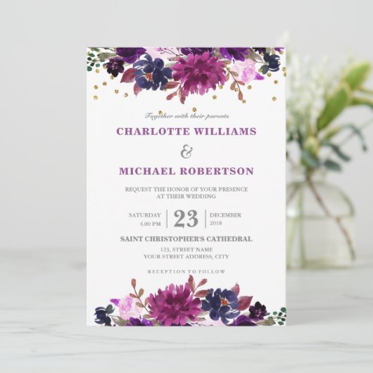 Paarse Lavender Floral Boho Wedding Uitnodiging (Staand voorkant)