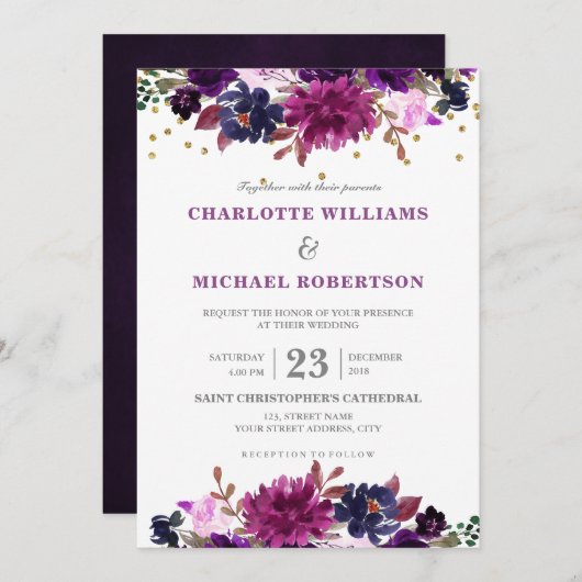 Paarse Lavender Floral Boho Wedding Uitnodiging (Voorkant / Achterkant)
