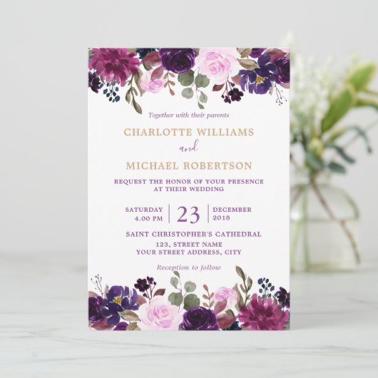 Paarse Lavender Floral Boho Wedding Uitnodiging (Staand voorkant)