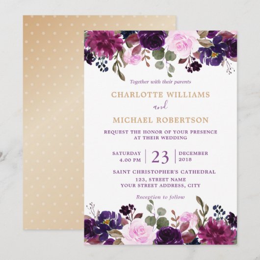 Paarse Lavender Floral Boho Wedding Uitnodiging (Voorkant / Achterkant)