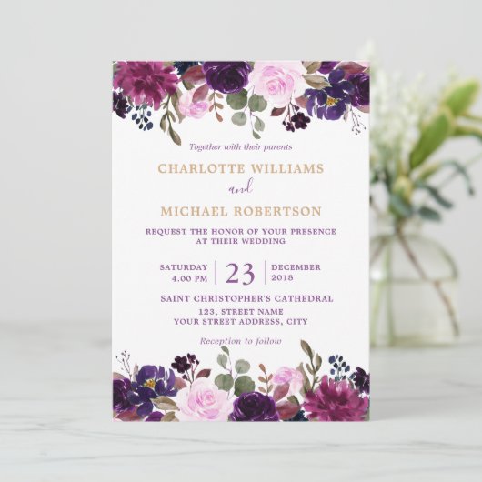 Paarse Lavender Floral Boho Wedding Uitnodiging (Staand voorkant)