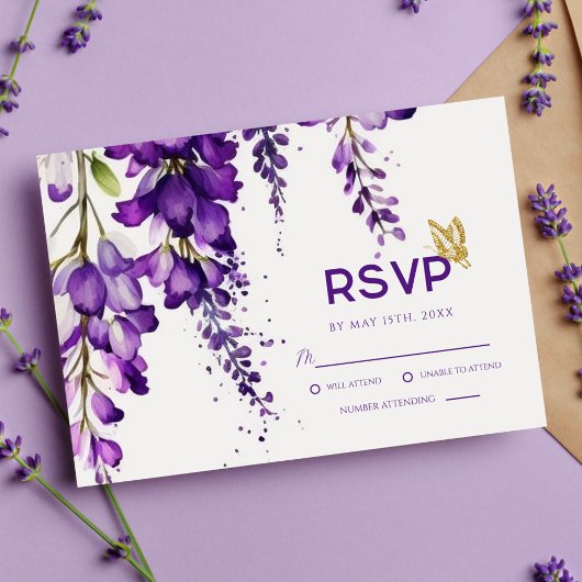 Paarse lavender Floral Modern Boho Wedding RSVP Kaartje