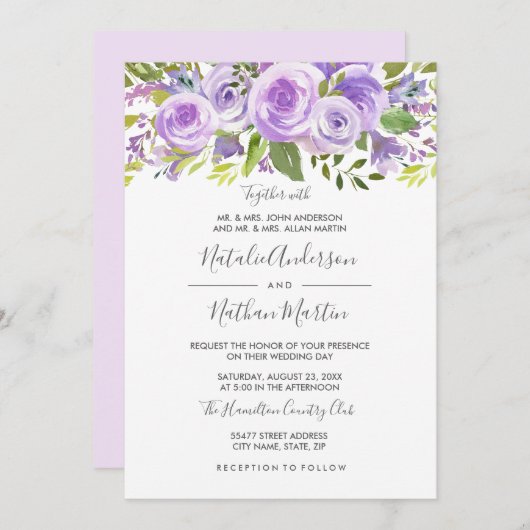 Paarse lavender Floral Roos Wedding Kaart (Voorkant / Achterkant)