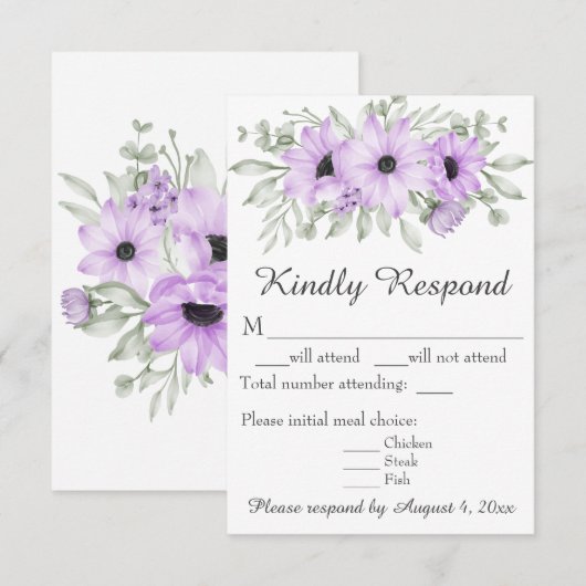 Paarse lavender Floral Script Wedding RSVP Kaart (Voorkant / Achterkant)