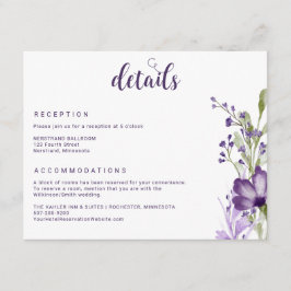 Paarse lavender Floral Wedding Details Informatiekaartje