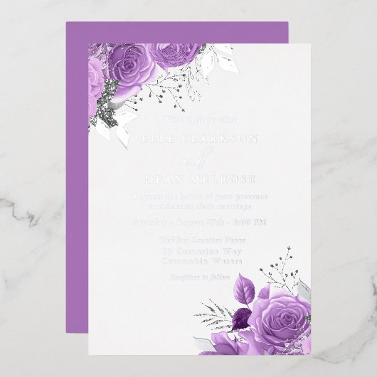 Paarse lavender Floral Wedding Real Silver Folie Uitnodiging (Voorkant / Achterkant)