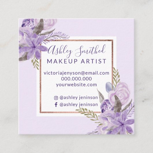Paarse lavender florale waterverf roos goudmake-up vierkante visitekaartje (Voorkant)