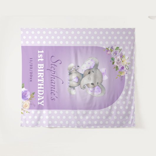 Paarse lavender Girl Elephant First 1e verjaardag Wandkleed (Voorkant (horizontaal))