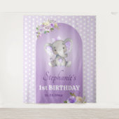 Paarse lavender Girl Elephant First 1e verjaardag Wandkleed (Voorkant)