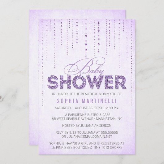Paarse lavender Glitter Baby shower Uitnodiging (Voorkant / Achterkant)