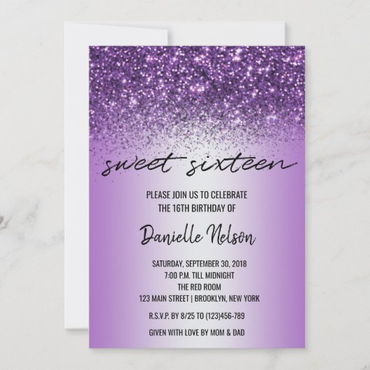 Paarse lavender Glitter Confetti Sparkle Sweet 16 Kaart (Voorkant)