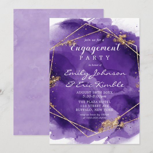 Paarse lavender Gold Paint Engagement Party Invita Kaart (Voorkant / Achterkant)