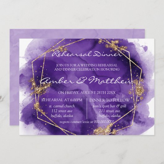 Paarse lavender Gold Paint Rehearsal Dinner Invita Kaart (Voorkant / Achterkant)