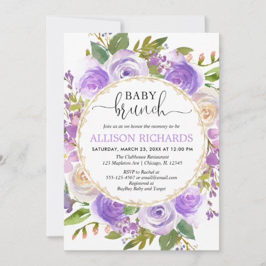 Paarse lavender goudbruin baby brunch kaart (Voorkant)