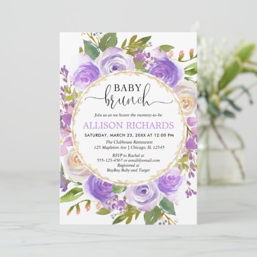 Paarse lavender goudbruin baby brunch kaart (Staand voorkant)