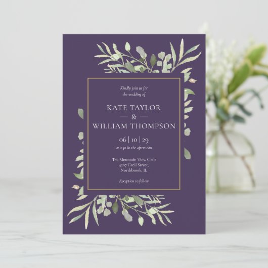 Paarse lavender Greenery Gold Photo Wedding Kaart (Staand voorkant)