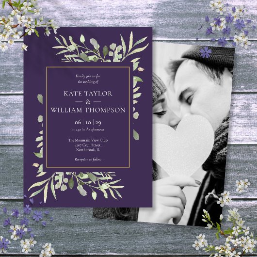Paarse lavender Greenery Gold Photo Wedding Kaart