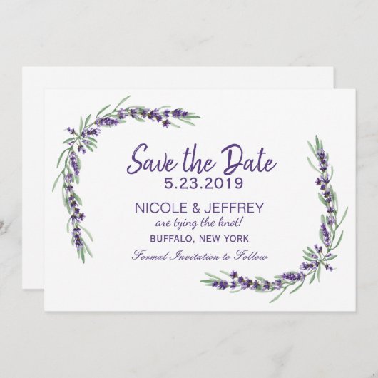Paarse lavender Lila Vloeiingsweddenschap Bewaar d Save The Date (Voorkant / Achterkant)