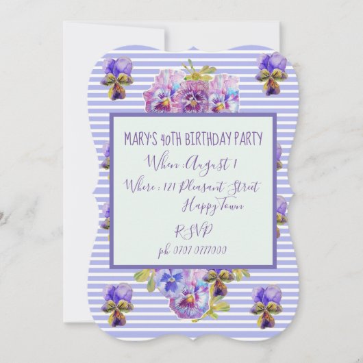 Paarse lavender Pansy 40th Birthday Invitation Kaart (Voorkant)