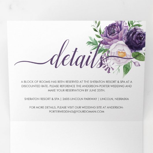 Paarse lavender Pink Waterverf Rozen bruiloft Drieluik Uitnodiging (Binnenzijde eerst)