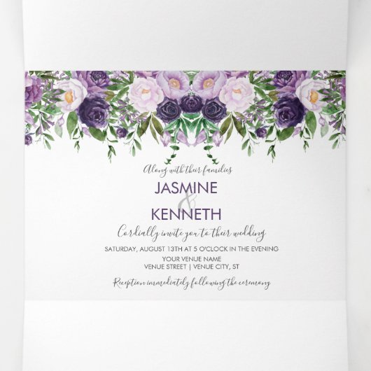Paarse lavender Pink Waterverf Rozen bruiloft Drieluik Uitnodiging (Binnenkant midden)