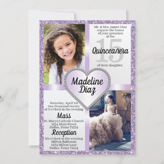 Paarse lavender Quinceañera Uitnodiging Cumpleaños (Voorkant)