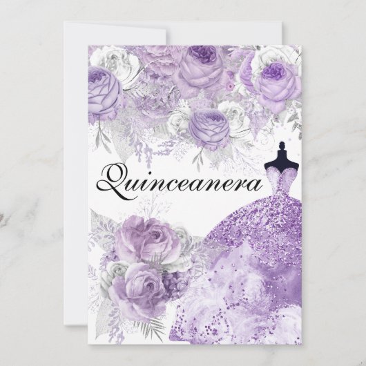 Paarse lavender Roos Dress Quinceanera nodigt uit Kaart (Voorkant)