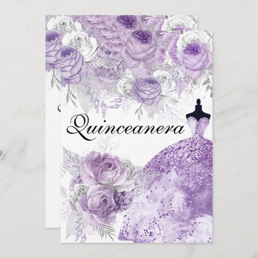 Paarse lavender Roos Dress Quinceanera nodigt uit Kaart (Voorkant / Achterkant)