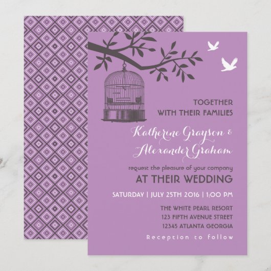 Paarse Lavender Rustic Bird Cage Uitnodiging (Voorkant / Achterkant)