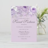Paarse lavender Silver Flowers Sweet 16 Invite Kaart (Staand voorkant)