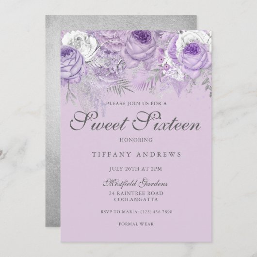 Paarse lavender Silver Flowers Sweet 16 Invite Kaart (Voorkant / Achterkant)