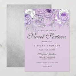 Paarse lavender Silver Flowers Sweet 16 Invite Kaart