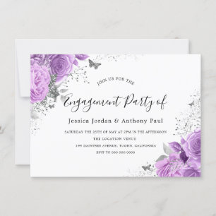 Paarse lavender Sparkle Flowers Engagement Party Kaart