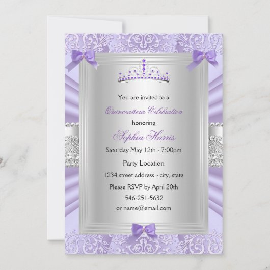Paarse Lavender Tiara Damask Quinceanera Partij Kaart (Achterkant)