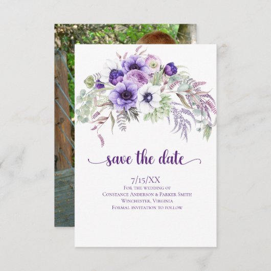 Paarse lavender White Floral Foto Save the Date (Voorkant / Achterkant)