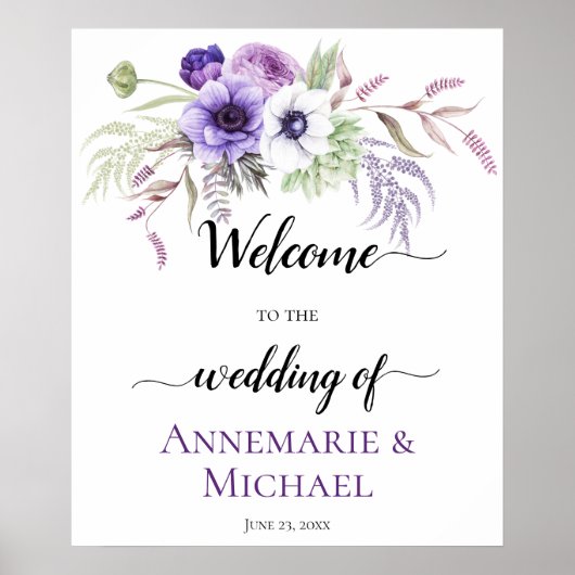 Paarse lavender White Floral Wedding Sign Poster (Voorkant)